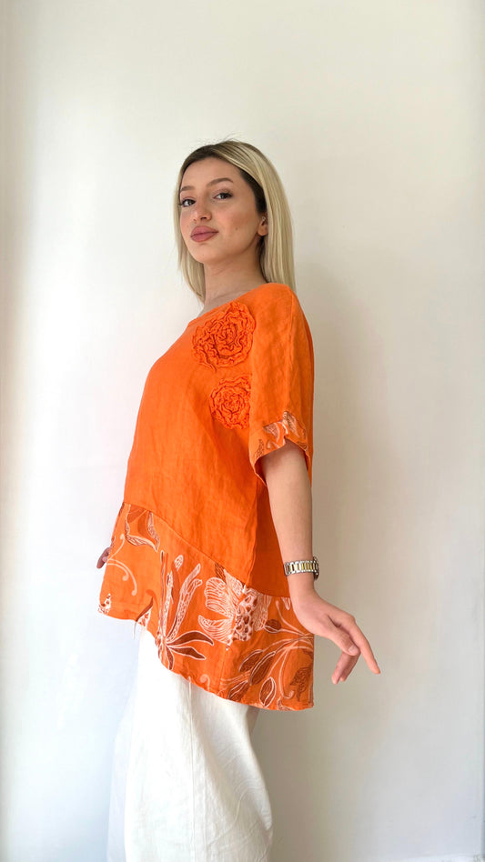 Turuncu, Yaprak Desenli, Keten Bluz