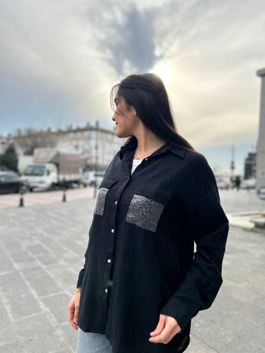 Siyah, %100 Pamuk, Cep Kısmı Payet İşli, Dokulu Gömlek / STD Beden, 36/42