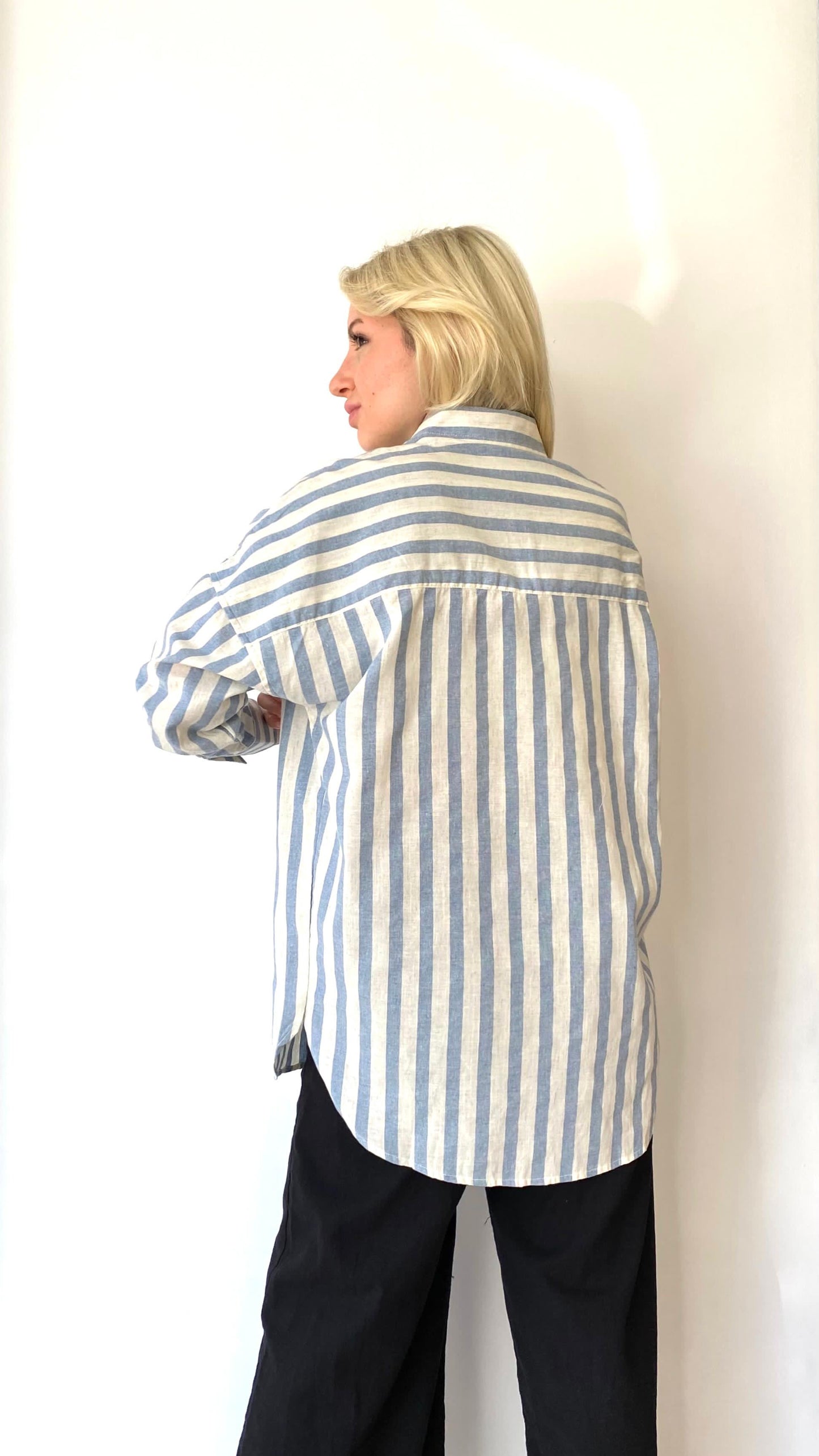 İndigo Mavi, Çizgili, Oversize Gömlek