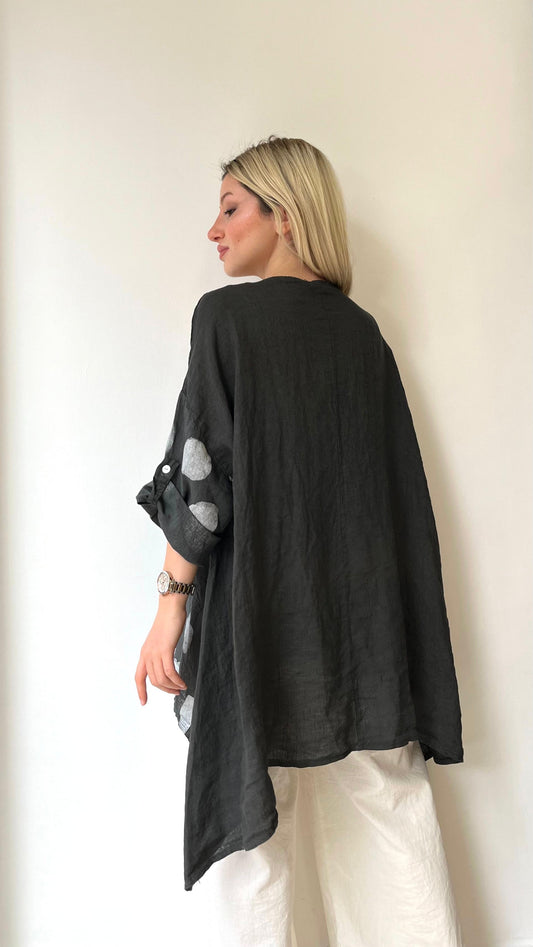 Antrasit, Puantiyeli, Oversize Keten Bluz