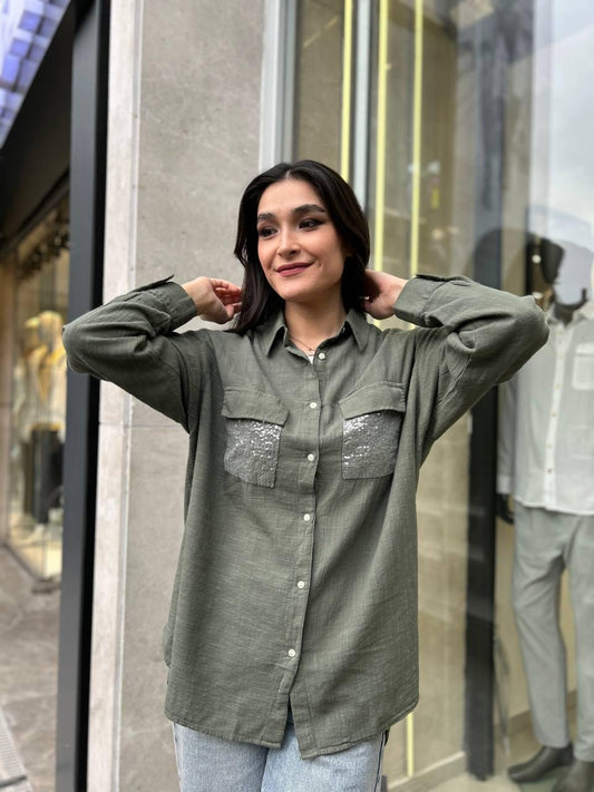 Haki, %100 Pamuk, Cep Kısmı Payet İşli, Dokulu Gömlek / STD Beden, 36/42