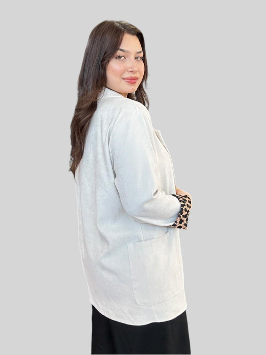 Ekru, Leopar Desen Astarlı, Süet Dokulu Ceket