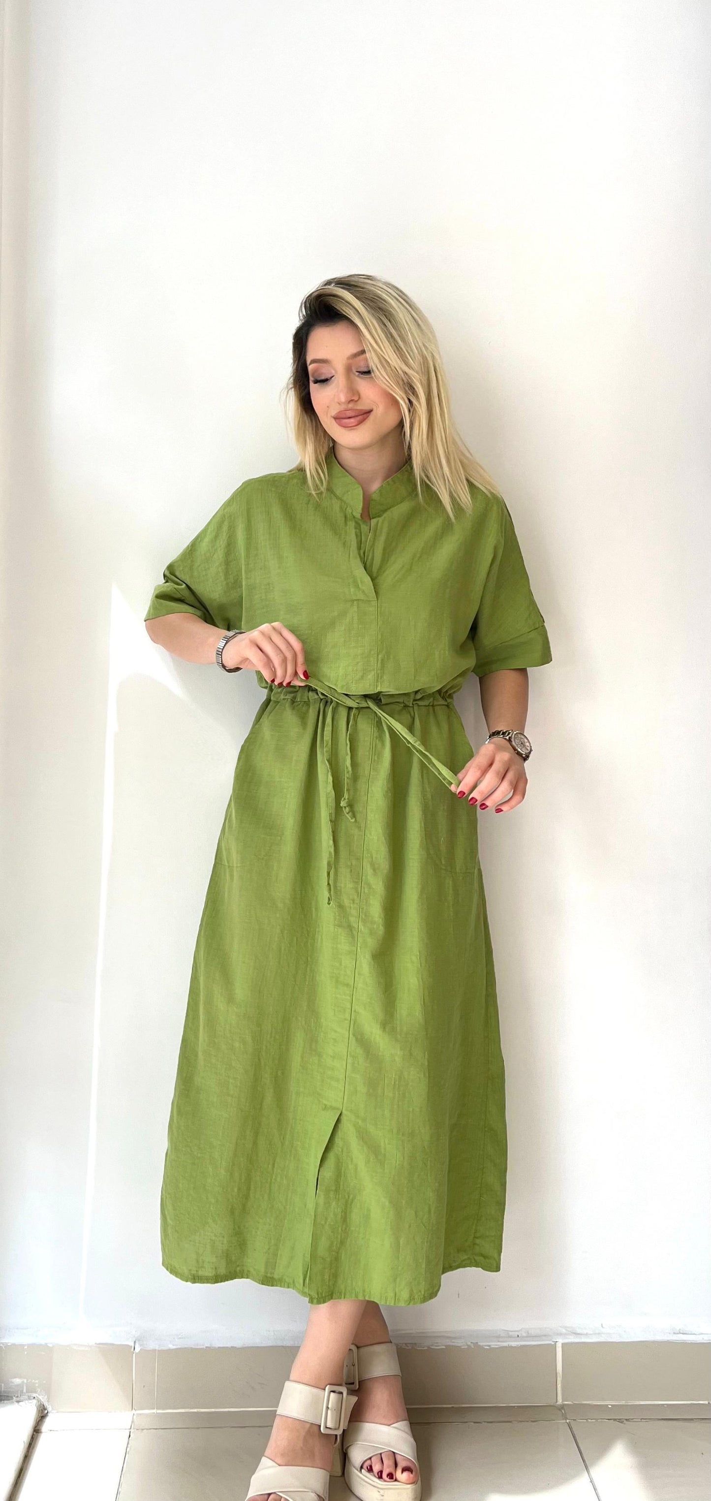 Yeşil, %100 Pamuk, Beli İp Bağlamalı, Cepli Elbise