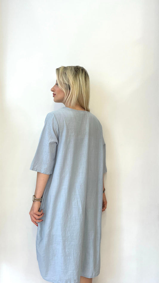 Mavi, %100 Pamuk, Cepli, V Yaka Elbise