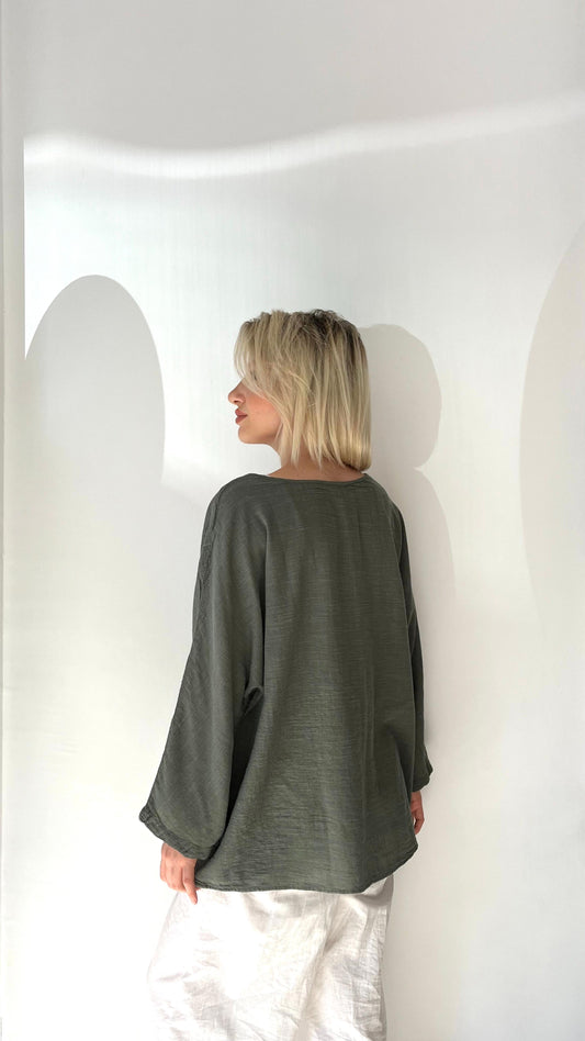 Haki, %100 Pamuk, Rahat Kesim Bluz