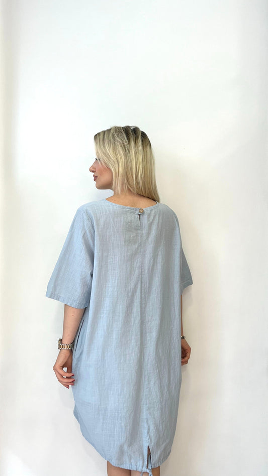 Mavi, %100 Pamuk, Etek Kısmı İp Ayarlı, Cepli, Kısa Elbise