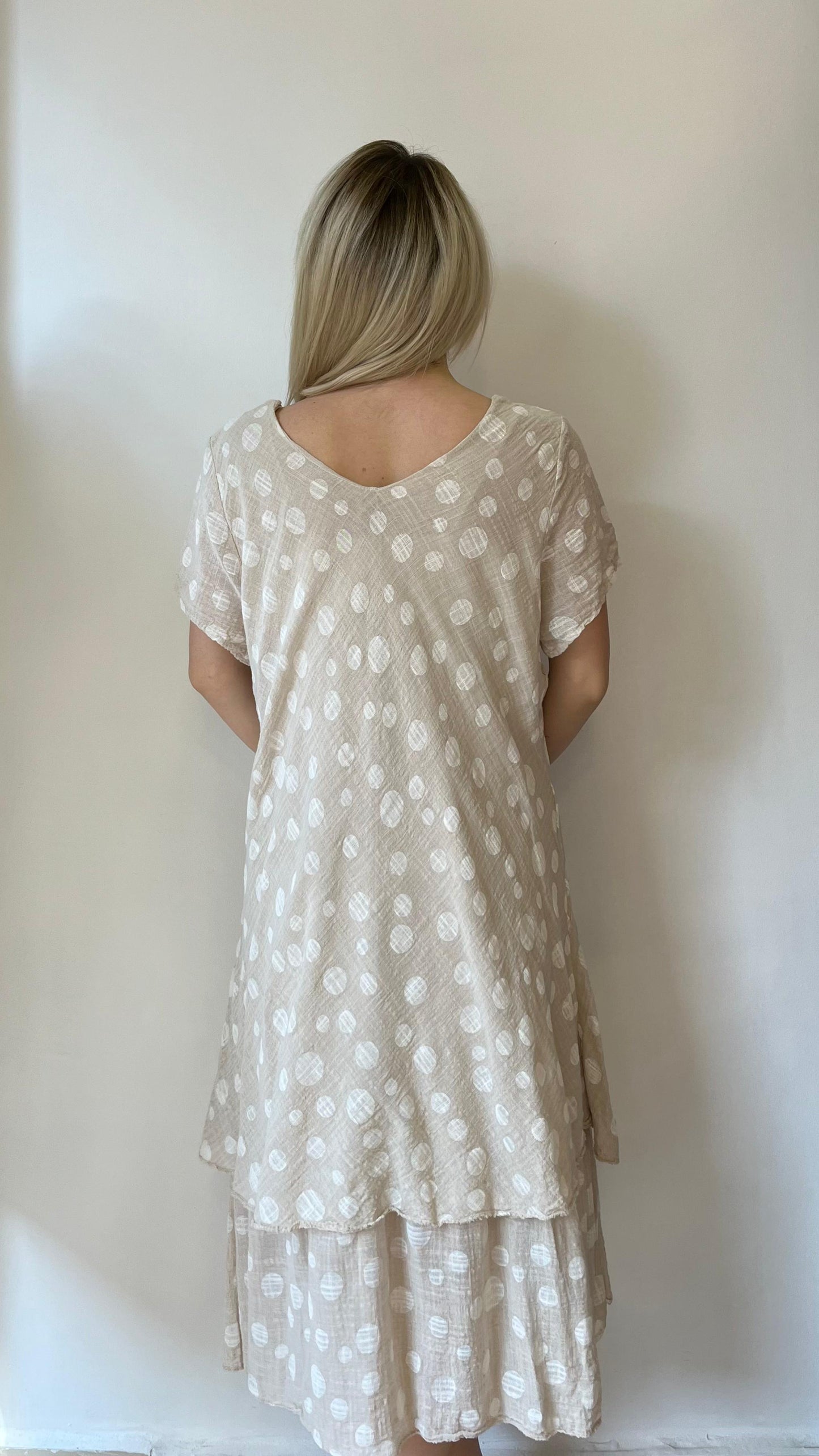 Bej, Puantiyeli, İki Kat Etekli, Pamuk-Viskon Elbise