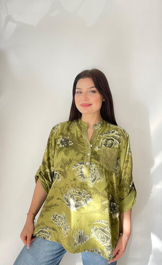 Yağ Yeşili, %100 Viskon, Gül Desenli, Payetli Gömlek