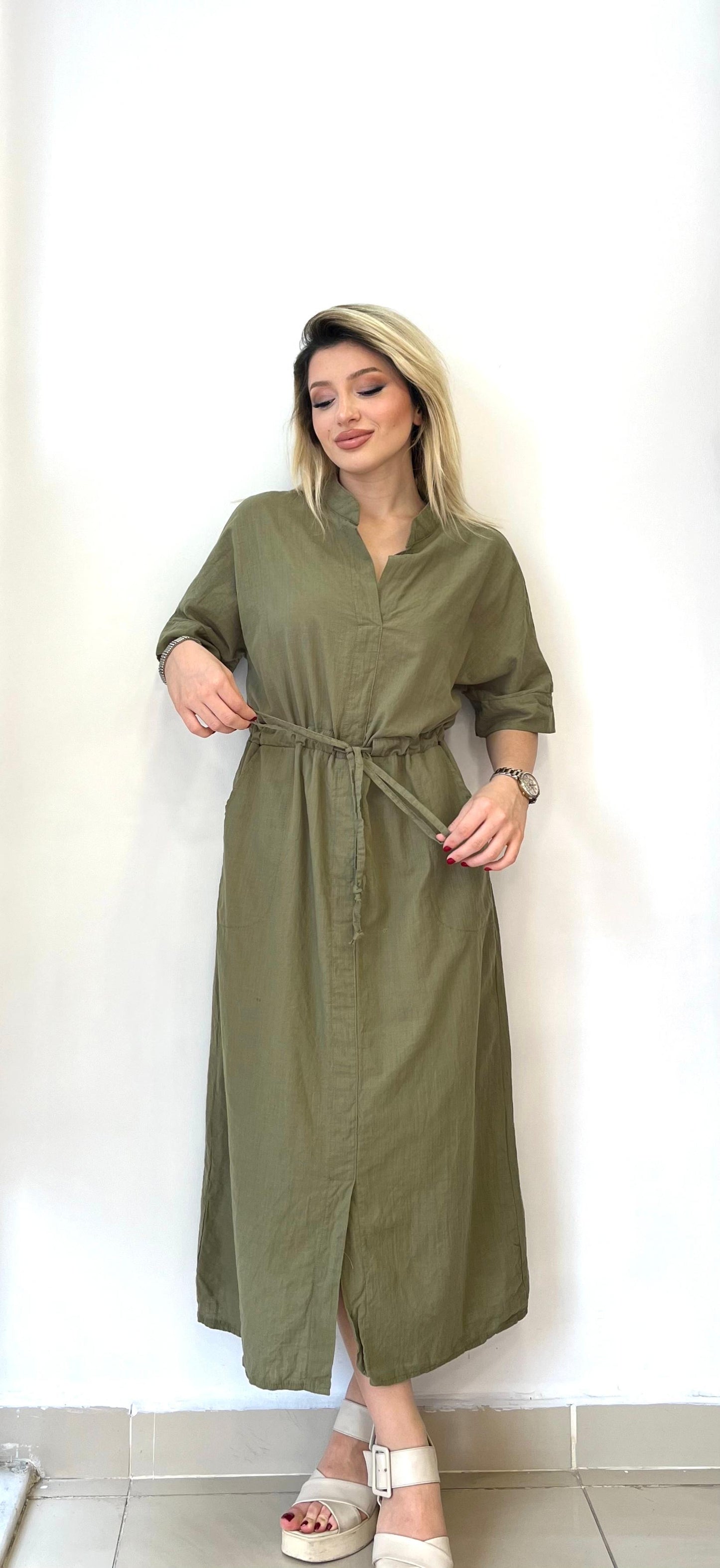 Haki, %100 Pamuk, Beli İp Bağlamalı, Cepli Elbise