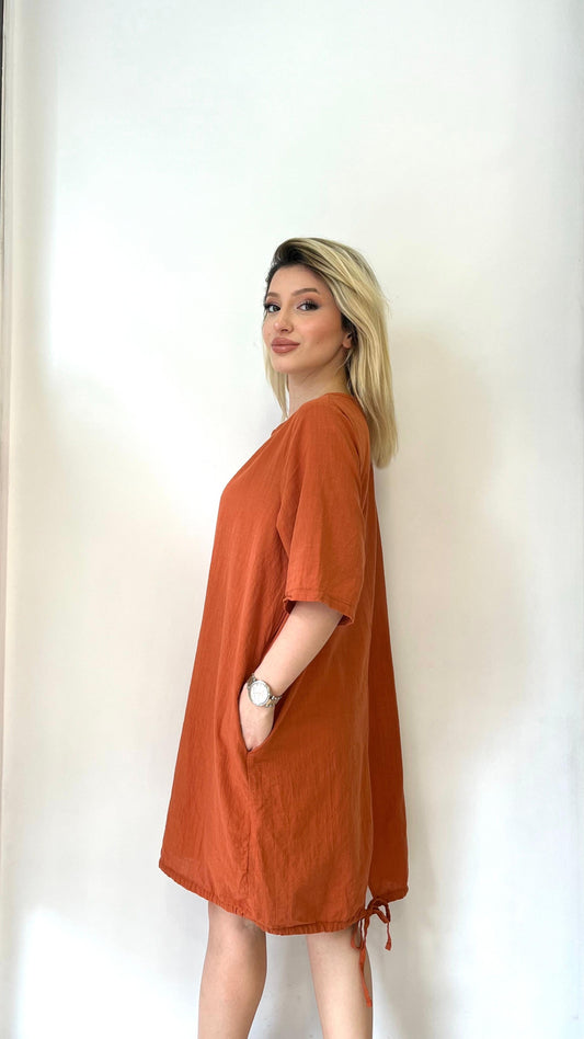 Kiremit, %100 Pamuk, Etek Kısmı İp Ayarlı, Cepli, Kısa Elbise