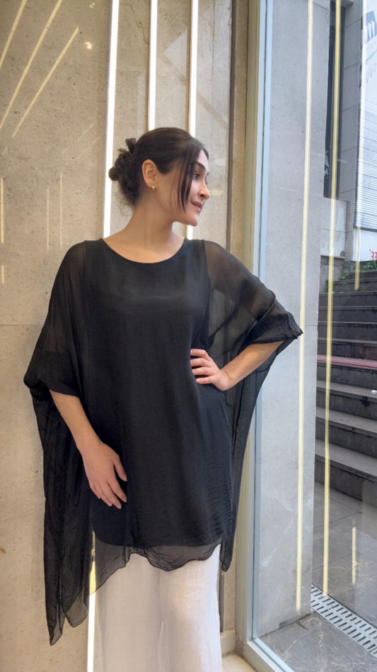 Siyah, Astarlı İpek Bluz / Tunik Gömlek / STD Beden, 38/46