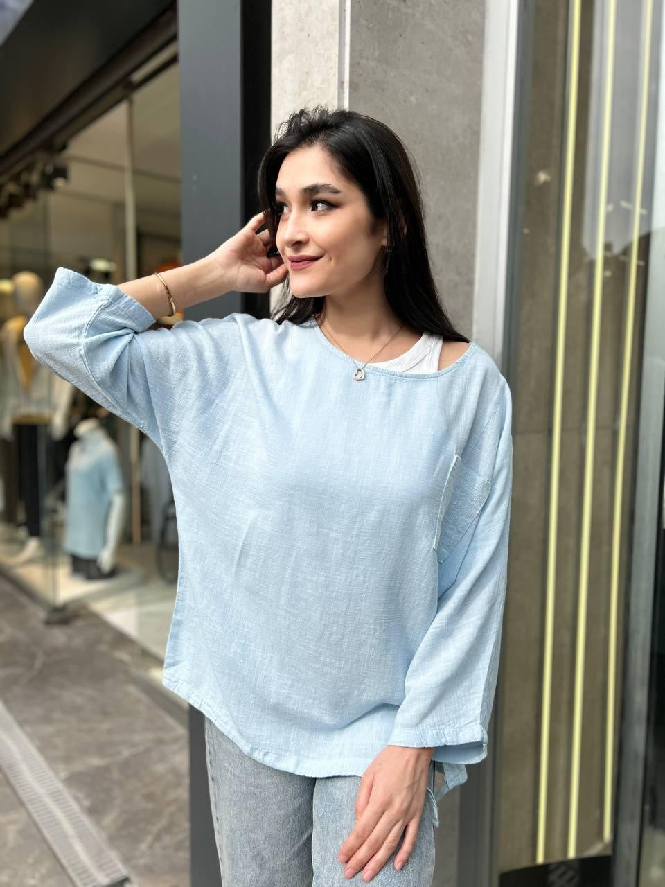 Mavi, %100 Pamuk, Cep Kısmı Payet İşli, Beli İp Ayarlı, Dokulu Bluz/Gömlek / STD Beden, 36/42