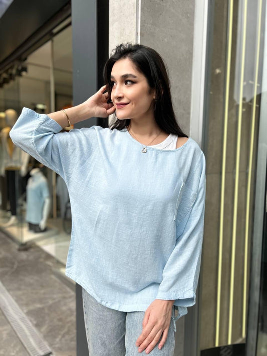 Mavi, %100 Pamuk, Cep Kısmı Payet İşli, Beli İp Ayarlı, Dokulu Bluz/Gömlek / STD Beden, 36/42