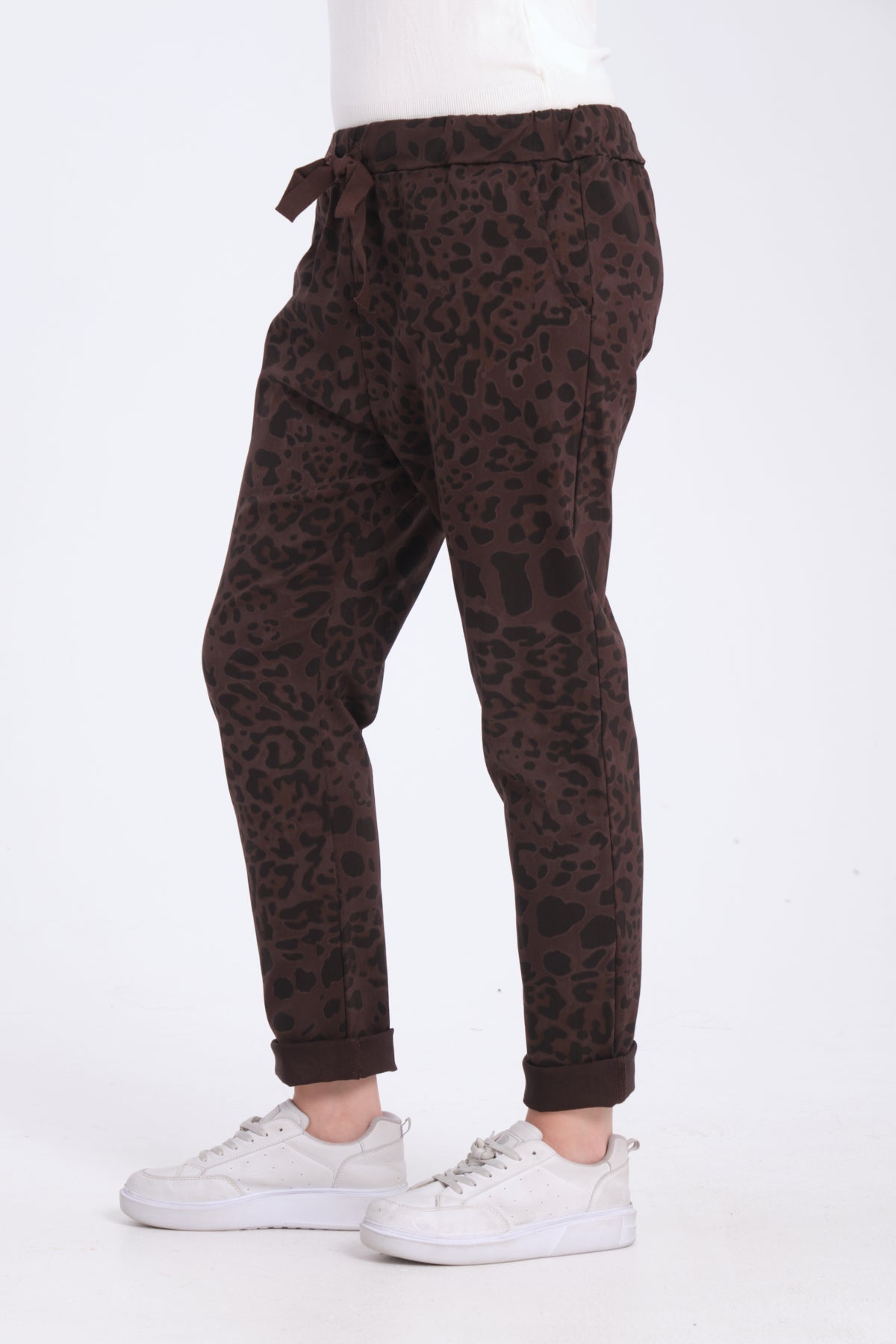 Koyu Kahve, Leopar Desenli, Beli Lastikli, Cepli, Jogger Pantolon