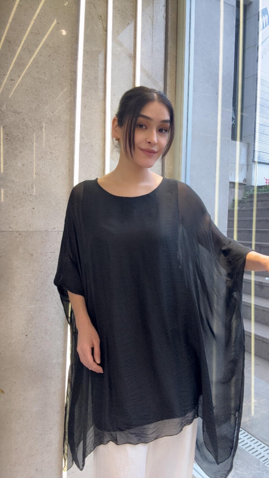 Siyah, Astarlı İpek Bluz / Tunik Gömlek / STD Beden, 38/46