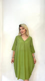 Yeşil, %100 Pamuk, Cepli, V Yaka Elbise