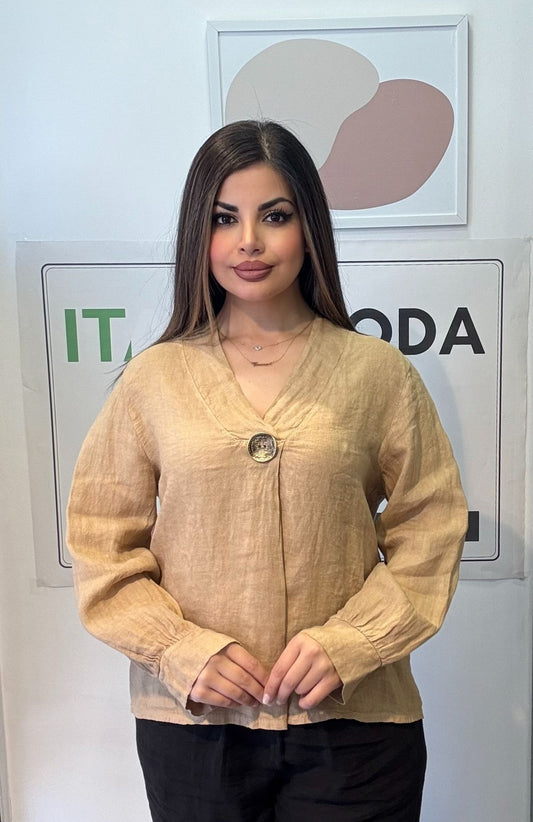 Camel, %100 Keten, V Yaka Düğme Detaylı Gömlek, STD Beden, 38-46