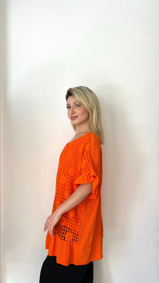 Turuncu, Pamuklu Dantel Bluz