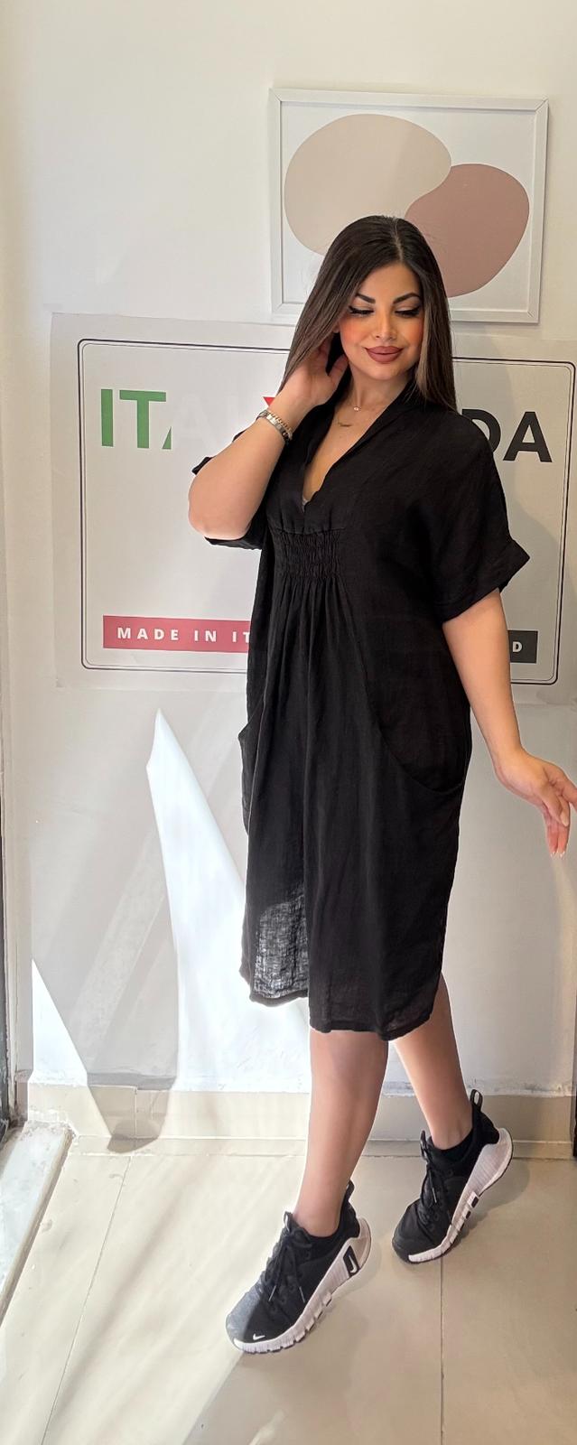 Siyah, %100 Keten, V Yaka, Cepli, Gipeli, İtalyan Elbise / STD Beden-38/46