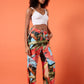 Çok Renkli, Beli Lastikli, Yandan Paça Yırtmaçlı, Cepli, Saten Pantolon