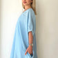 Açık Mavi, Sırtı Örgü Dantelli, Cepli, Keten-Pamuk Oversize Elbise