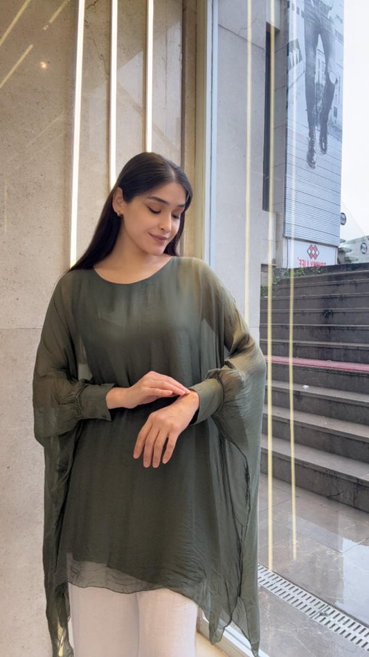 Haki, Astarlı İpek Bluz / Tunik Gömlek / STD Beden, 38/46