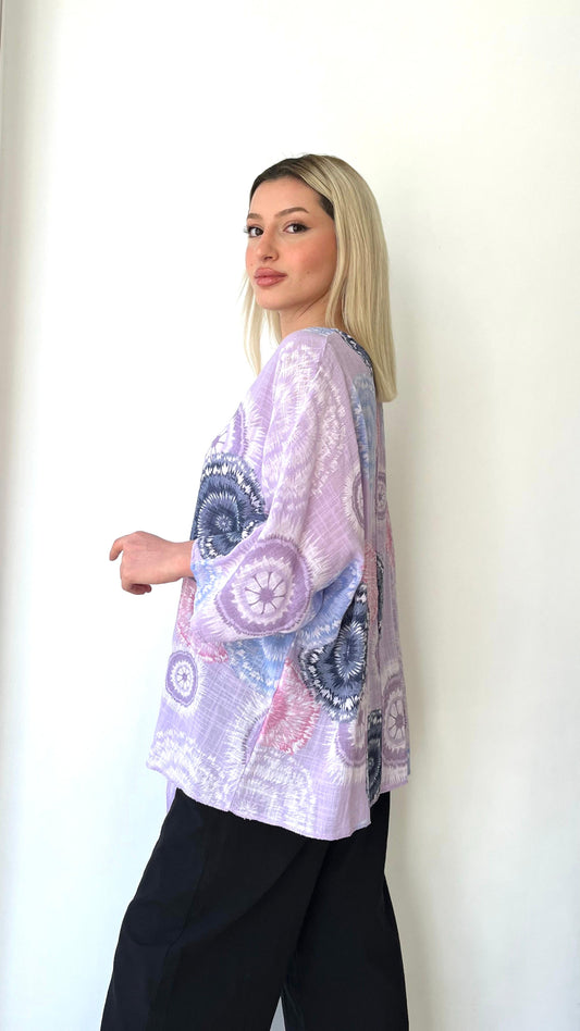 Lila, Batik Desenli, %100 Pamuk, Oversize Bluz
