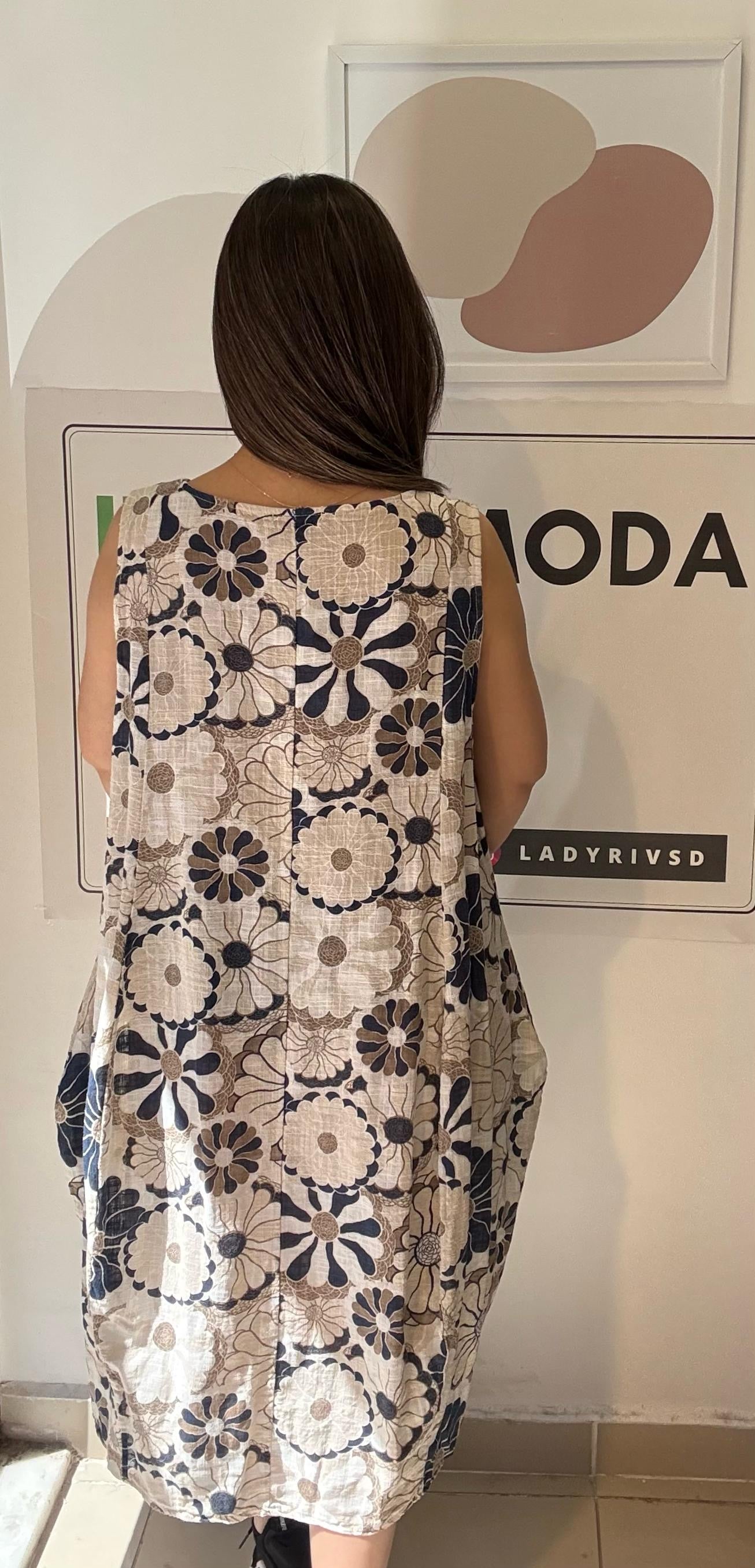 Bej, %100 Pamuk, Çiçekli, Cepli, İtalyan Elbise / STD Beden-38/46