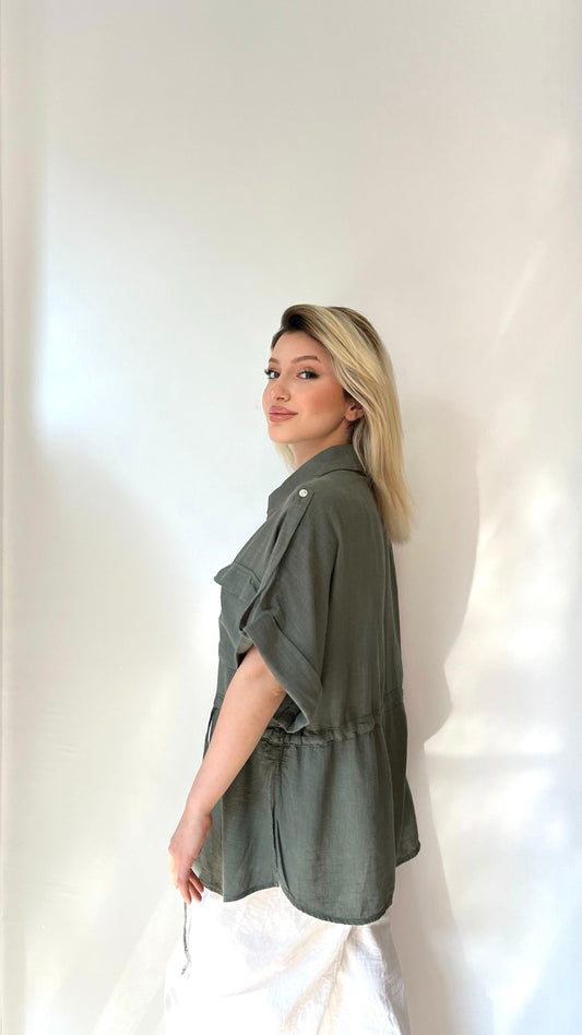 Haki, %100 Pamuk, Beli İp Ayarlı, Kısa Kol, Safari Gömlek