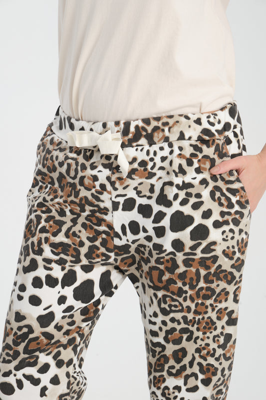 Ekru, Leopar Desenli, Beli Lastikli, Cepli, Jogger Pantolon