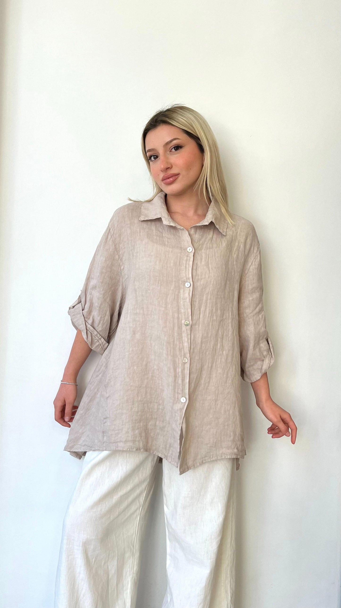 Bej, %100 Keten, Arkası Uzun Gömlek