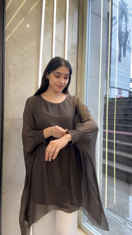 Kahve, Astarlı İpek Bluz / Tunik Gömlek / STD Beden, 38/46