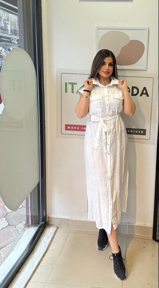 Beyaz, %100 Keten, Eteği Yanlardan Yırtmaçlı, İtalyan Gömlek Elbise / STD Beden-38/46