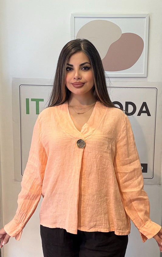 Somon, %100 Keten, V Yaka Düğme Detaylı Gömlek, STD Beden, 38-46