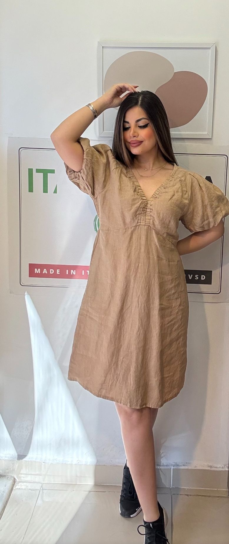 Camel, %100 Keten, V Yaka, İtalyan Elbise / STD Beden-38/46