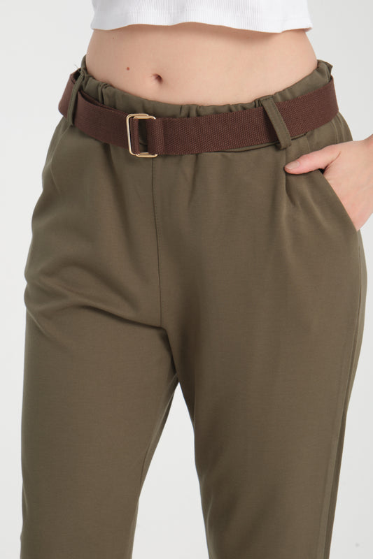 Haki, Beli Kemerli, Lastikli, Cepli, Havuç Pantolon