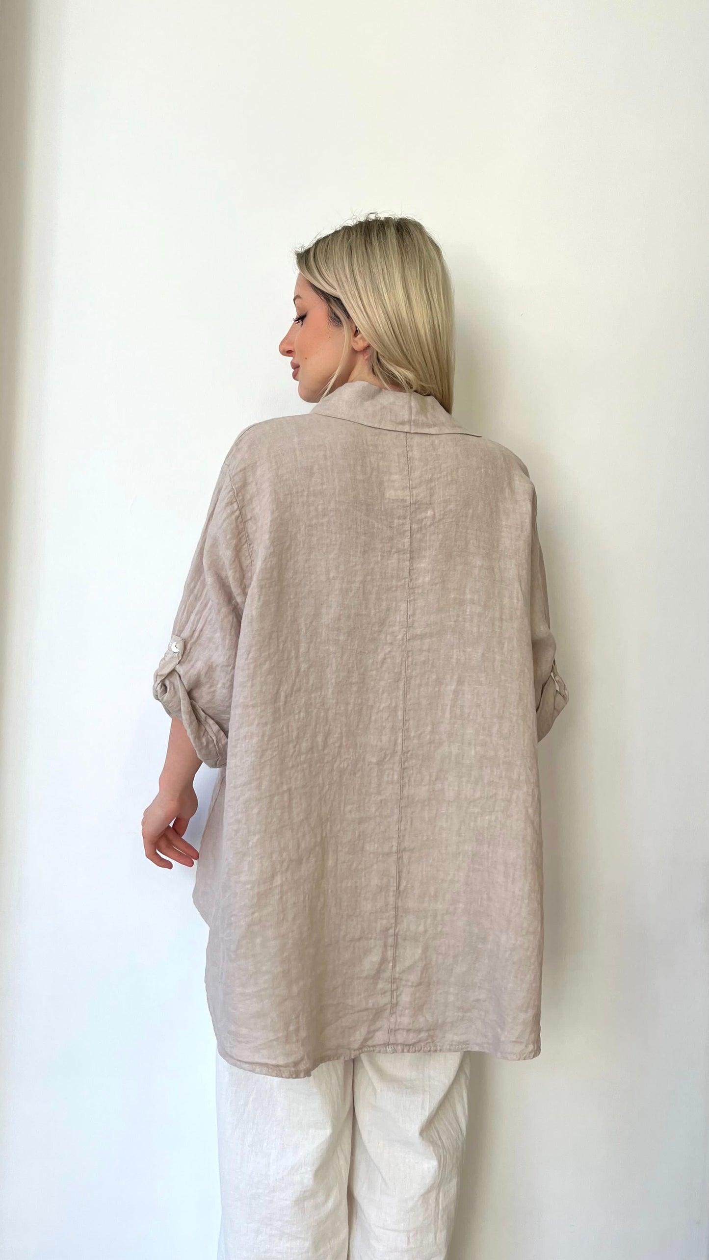 Bej, %100 Keten, Arkası Uzun Gömlek