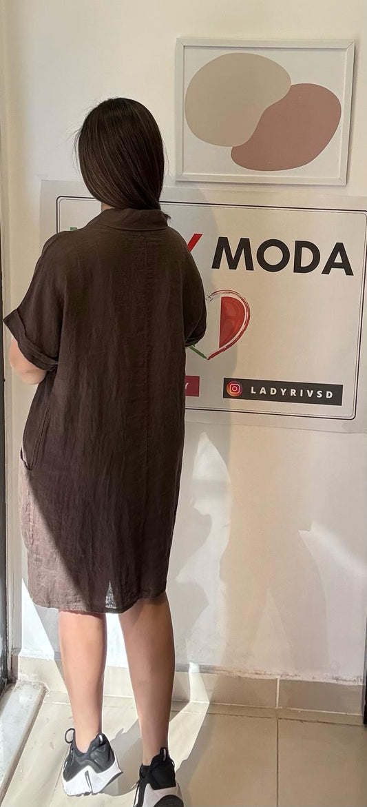 Kahve, %100 Keten, V Yaka, Cepli, Gipeli, İtalyan Elbise / STD Beden-38/46