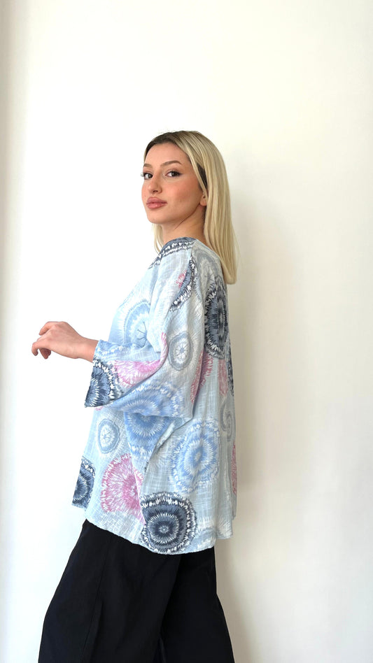Mavi, Batik Desenli, %100 Pamuk, Oversize Bluz