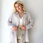 Bej, İnce Çizgili, Oversize Gömlek