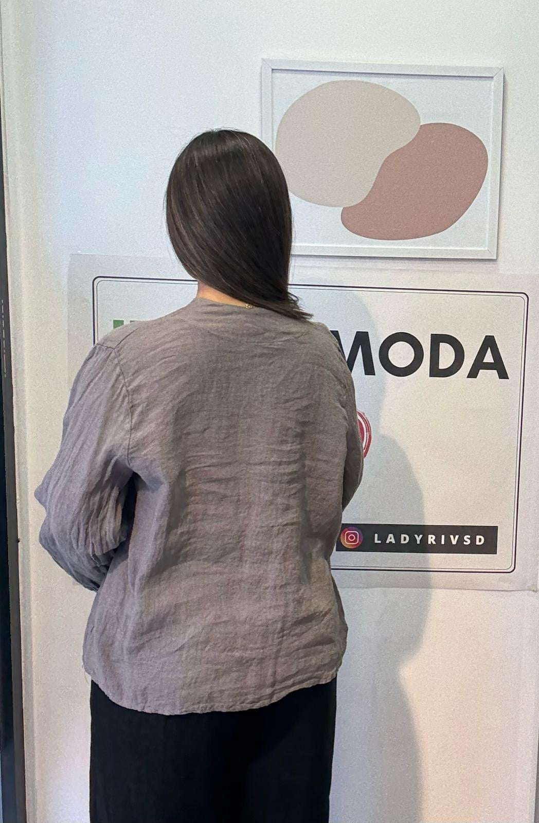 Vizon, %100 Keten, V Yaka Düğme Detaylı Gömlek, STD Beden, 38-46