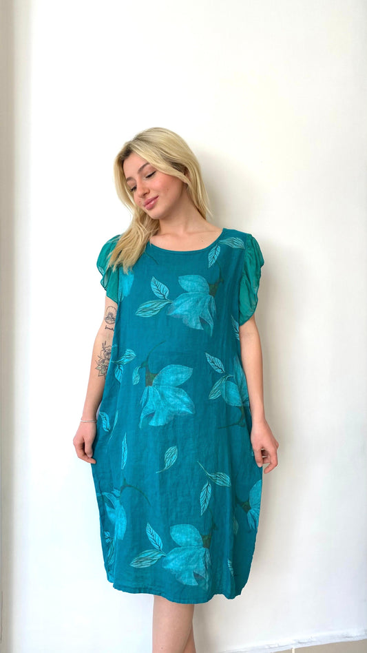 Petrol Yeşili, İpek Kol Detaylı, %100 Keten Elbise