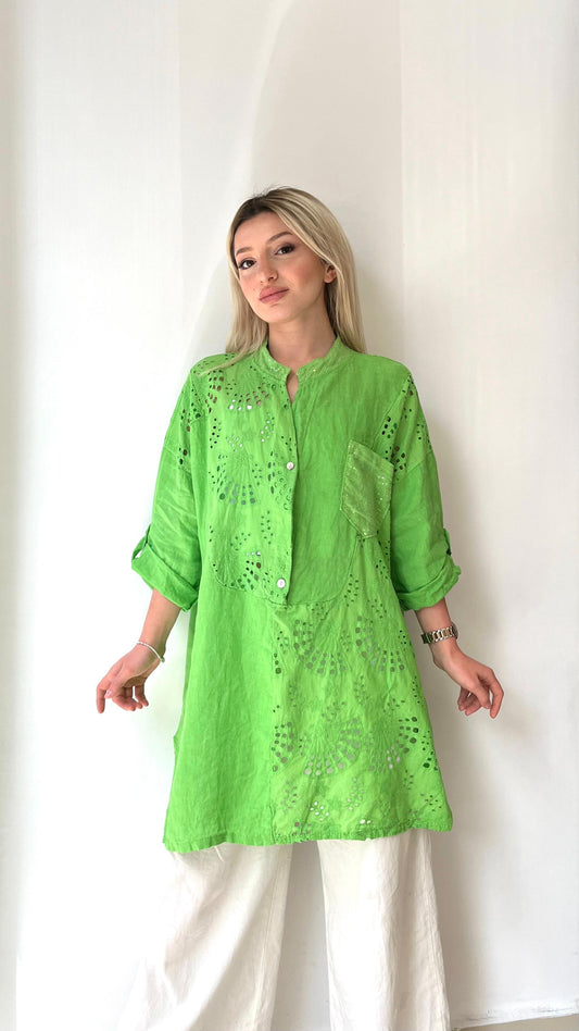 Fıstık Yeşili, Pamuk Fisto Detaylı, Payetli Keten Gömlek
