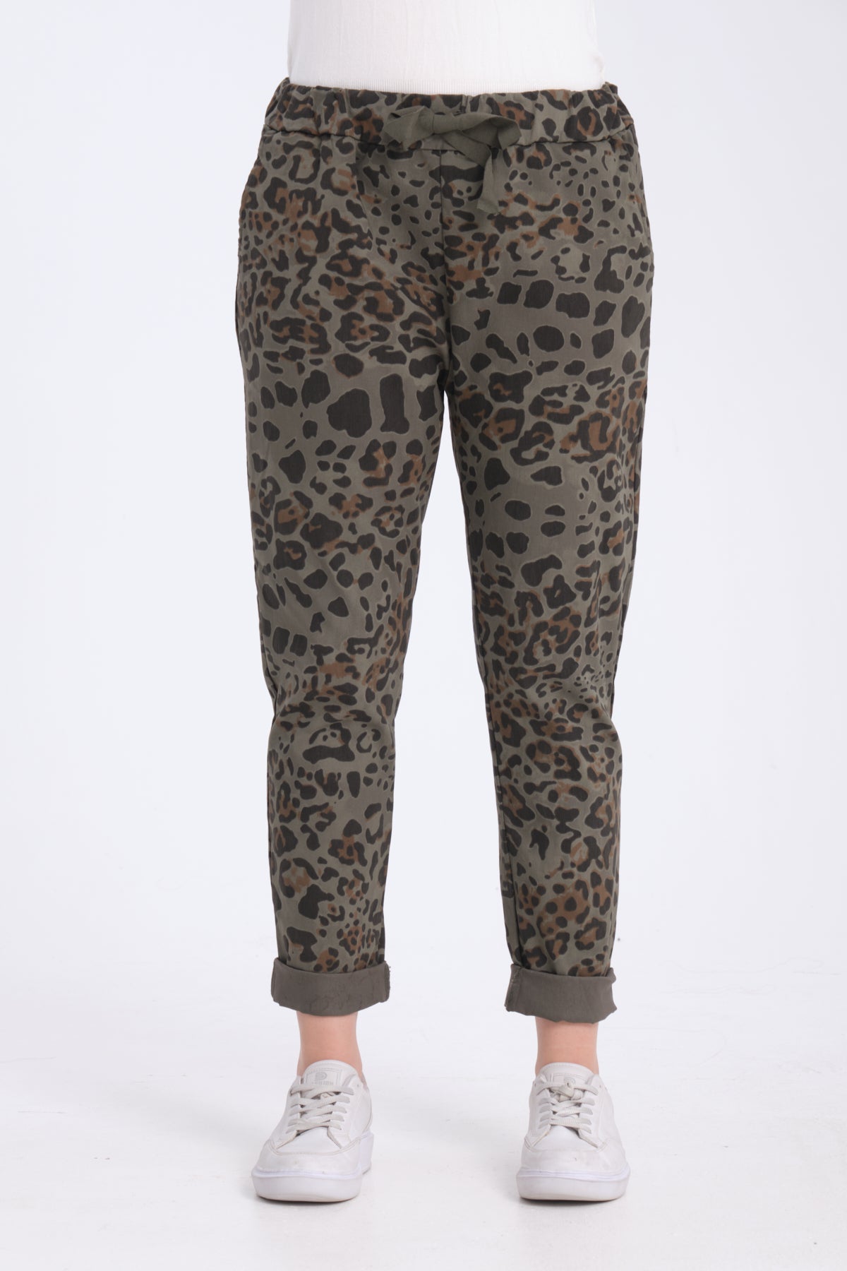 Haki, Leopar Desenli, Beli Lastikli, Cepli, Jogger Pantolon