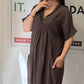 Kahve, %100 Keten, V Yaka, Cepli, Gipeli, İtalyan Elbise / STD Beden-38/46
