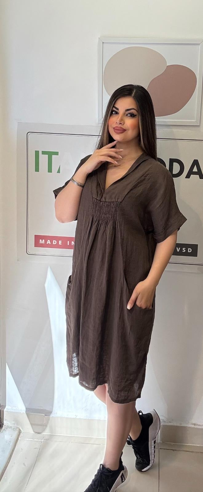 Kahve, %100 Keten, V Yaka, Cepli, Gipeli, İtalyan Elbise / STD Beden-38/46