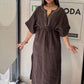 Kahve, %100 Keten, V Yaka, Eteği Yanlardan Yırtmaçlı, İtalyan Kimono Elbise / STD Beden-38/46