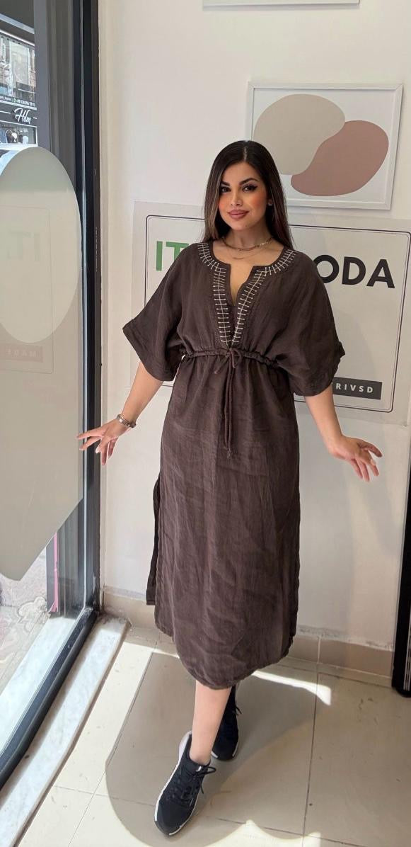 Kahve, %100 Keten, V Yaka, Eteği Yanlardan Yırtmaçlı, İtalyan Kimono Elbise / STD Beden-38/46