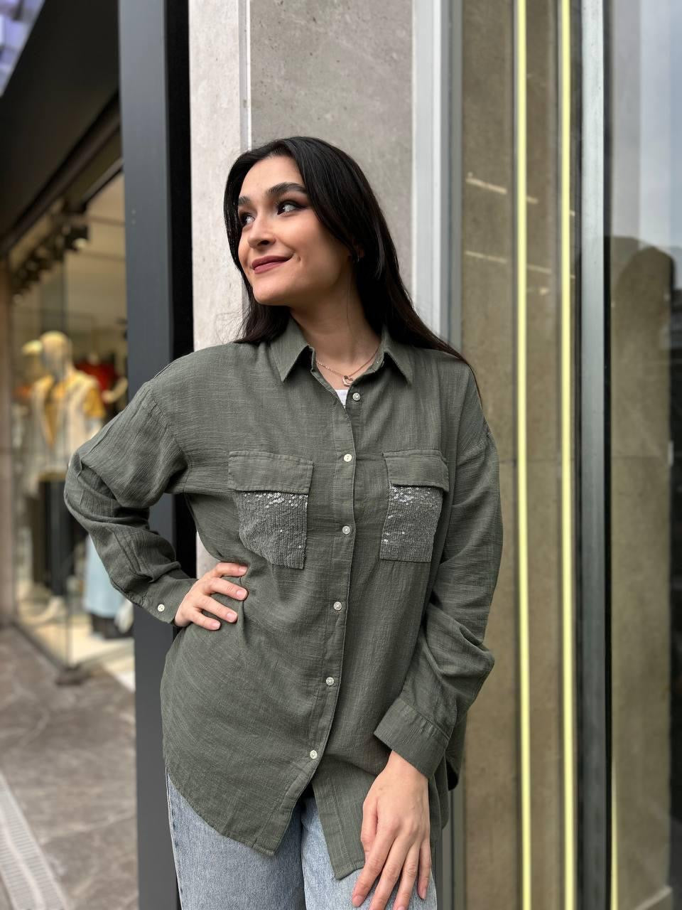 Haki, %100 Pamuk, Cep Kısmı Payet İşli, Dokulu Gömlek / STD Beden, 36/42