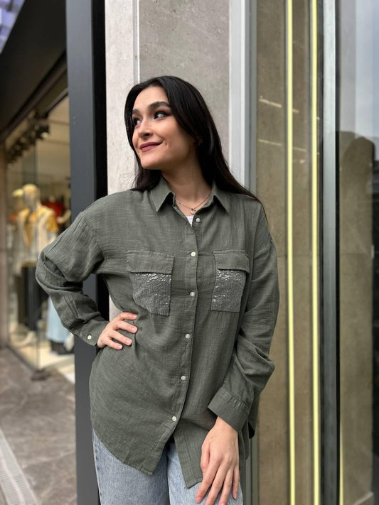 Haki, %100 Pamuk, Cep Kısmı Payet İşli, Dokulu Gömlek / STD Beden, 36/42